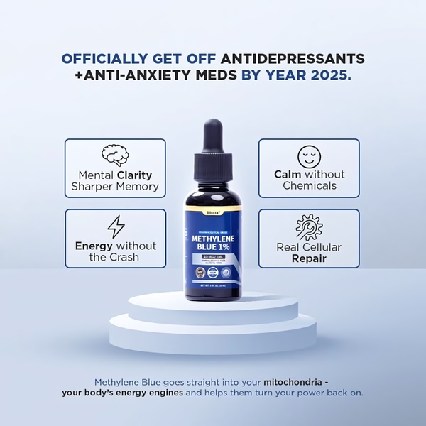 A clean, clinical 1:1 square graphic showcasing Methylene Blue on a minimalist podium with four distinct icons outlining key functional benefits.